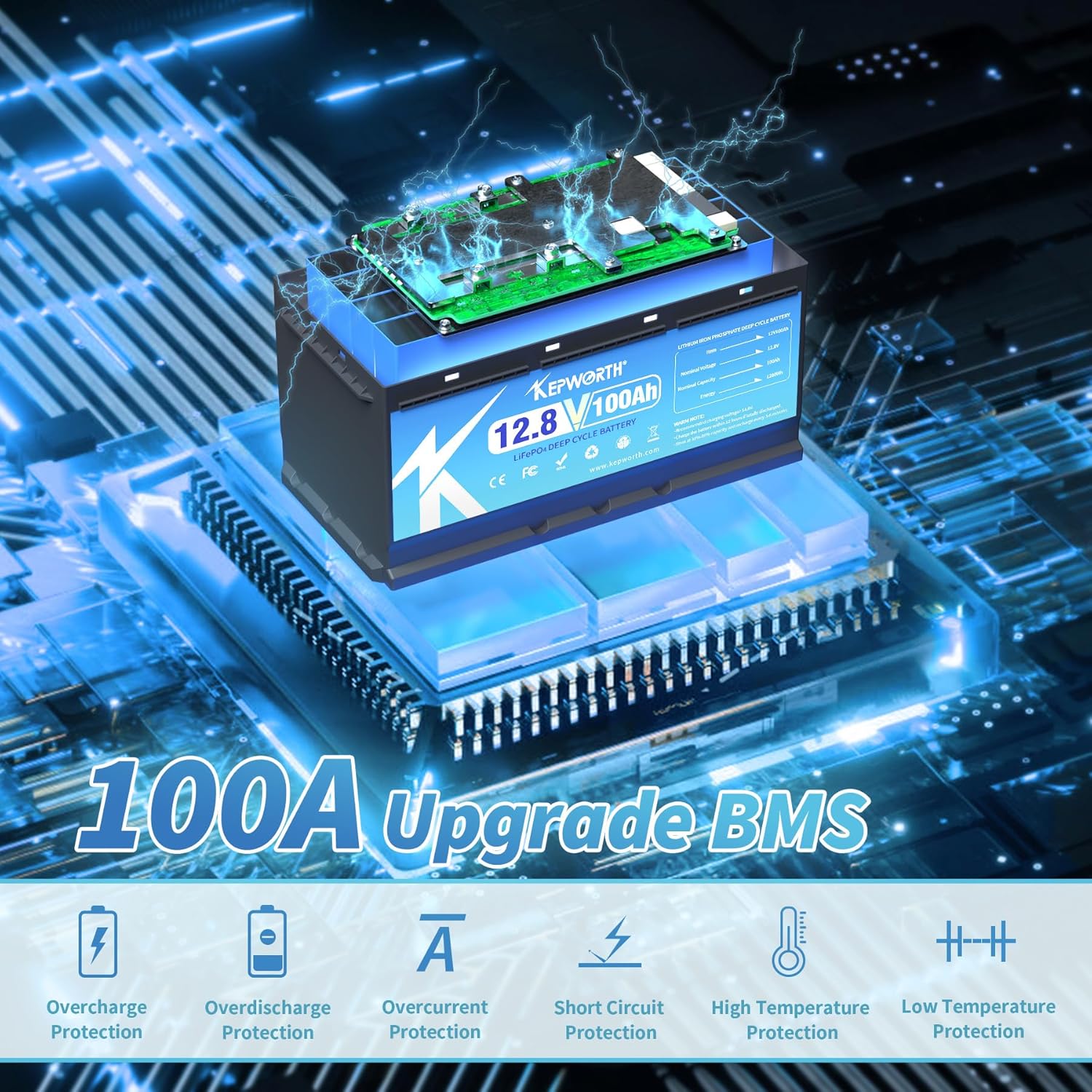 12V LiFePO4 Battery 100Ah, Lithium Batteries with Upgraded 100A BMS, UP to 4000+ Rechargeable Deep Cycles, Grade A Cells, for Marine, Camper, RV
