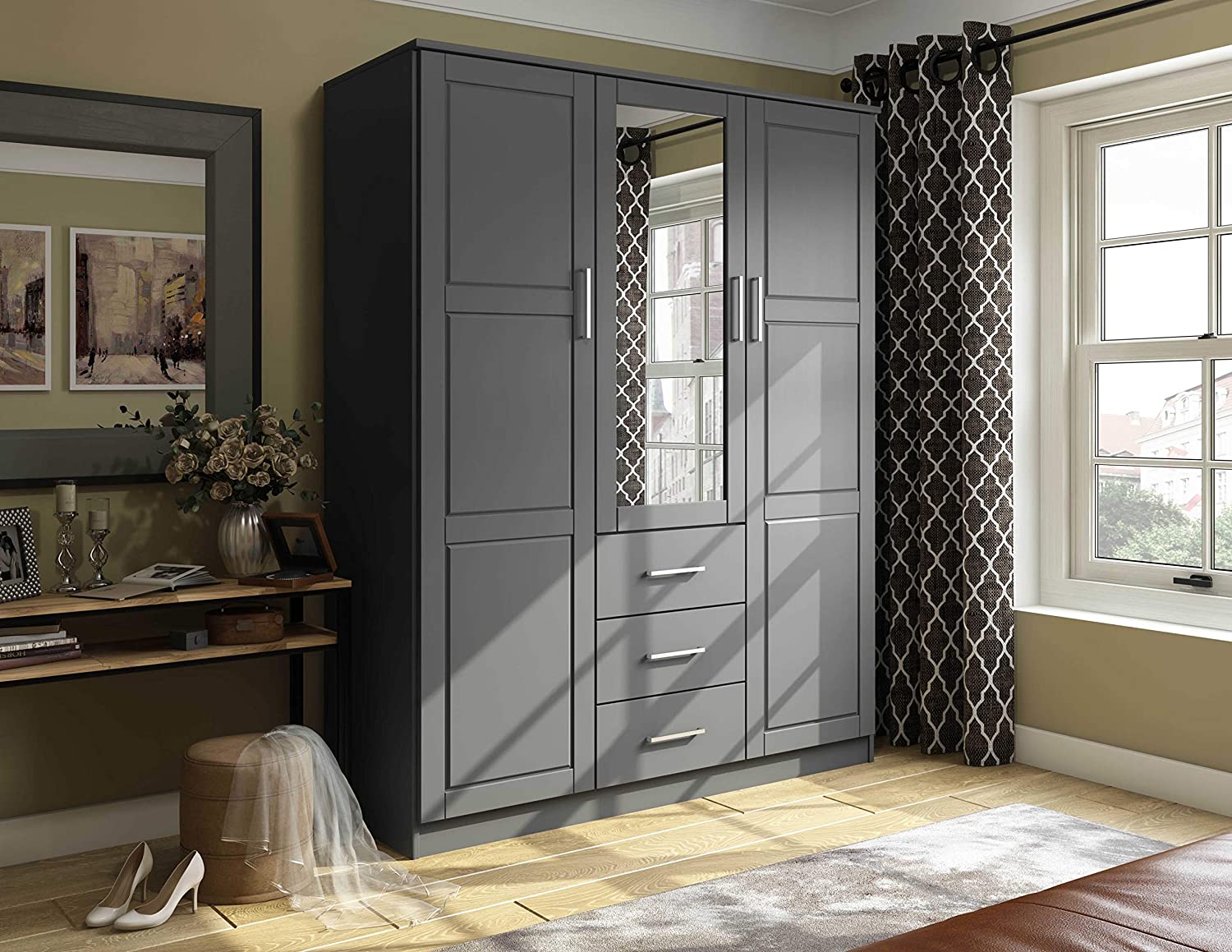 【Furniture】Cosmo Solid Wood 3-Door Wardrobe with Mirror and 3 Drawers, Java