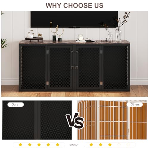 71 Inch Dog Crate Furniture for 2 Dogs, XXL Double Cage with Removable Divider & Large Doors, Heavy Duty Wooden Dog Kennel, Indoor Pet House (Black