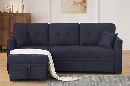 L-Shaped Pull Out Sleep Sofabed,Modern Reversible Sleeper Sectional Sofa Chenille Upholstered Button Tufted Decor with Storage Chaise