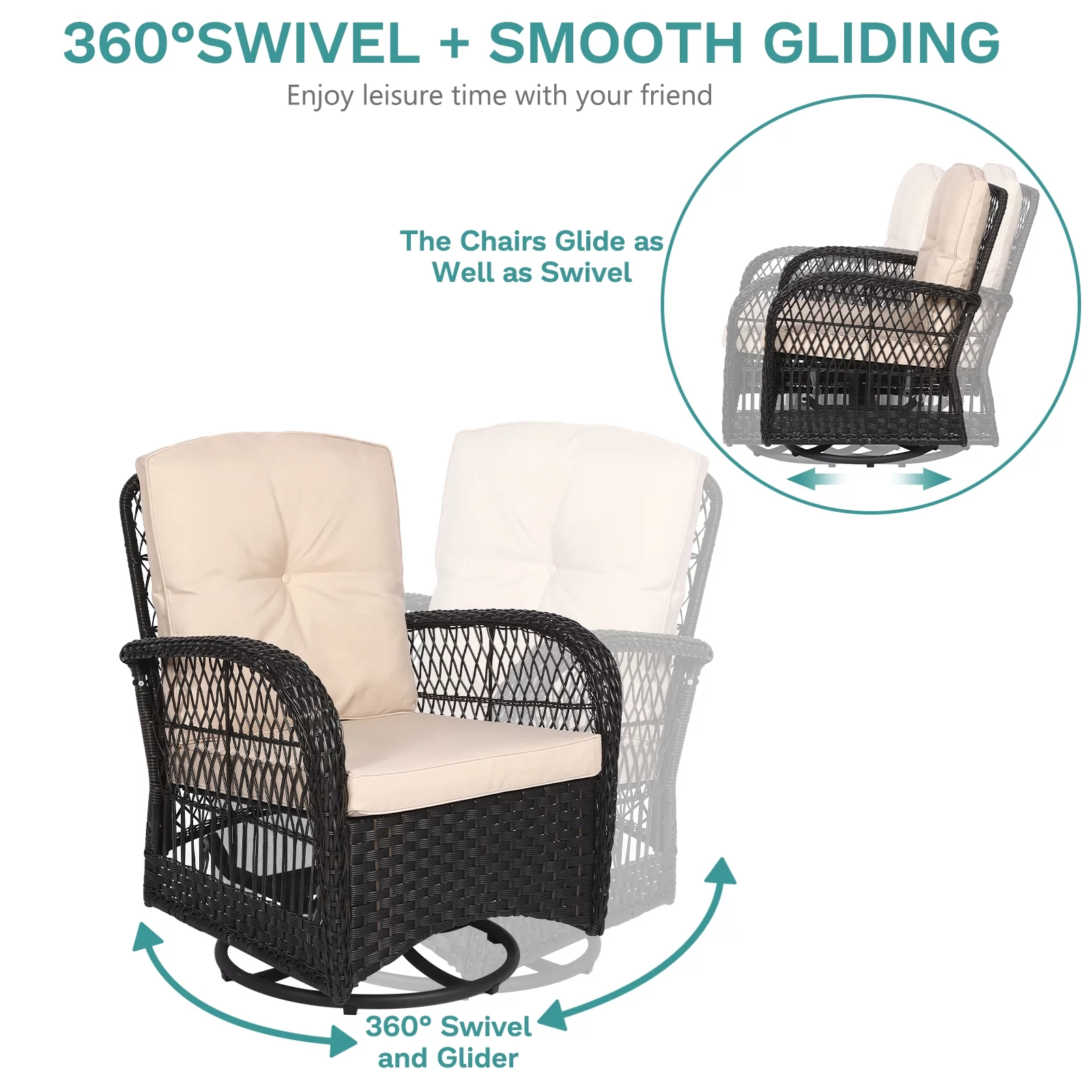 MEETWARM 3 Pieces Outdoor Wicker Swivel Rocker Patio Set