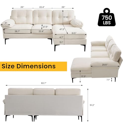 COHOME 83in L-shaped Couch, Chenille Upholsted Sofa with Reversible Chaise,3-Seat Couch for Living Room