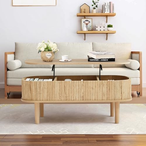 Fluted Lift Top Coffee Table with Hidden Compartment, Fully Assembled Wooden Center Table, Modern Oval Lift Tabletop for Home Living Room Office
