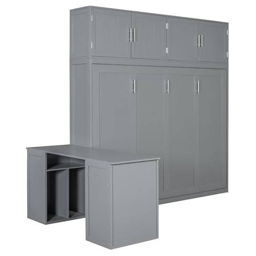 Queen Size Murphy Bed Wall Bed with Desk and Closet,Drawers and Shelves,for Small Spaces Studio Study Office Guest Room Use (Gray#Desk, Queen)