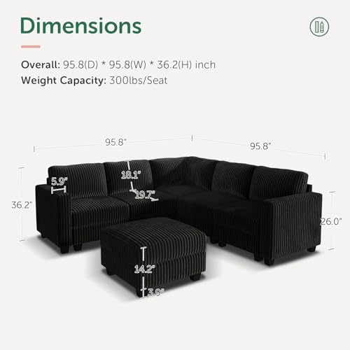 HONBAY Corduroy Modular Sectional Couch with Storage L-Shaped Sectional Couches for Living Room 6 Seater Modular Sofa, Dark Gray