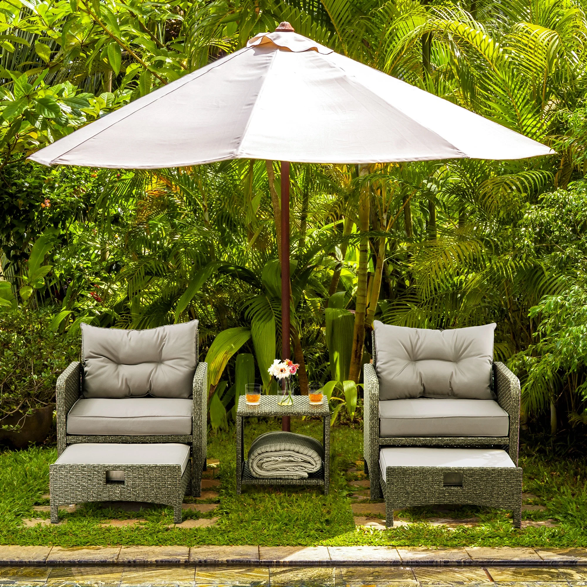 PAMAPIC 5 Pieces Wicker Patio Furniture Set Outdoor Patio Chairs with Ottomans (Gray)