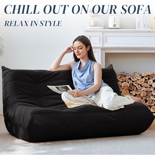 Bean Bag Chair for Adults - Suede & Microfiber Fireside Floor Chair, Comfortable Corner Lounge Sofa for Living Room, Bedroom, Office (3-Seater, Beige)