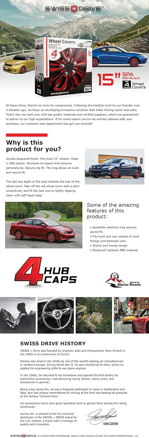 Swiss Drive Hubcaps 16 Set of 4 -Luxurious Red and Black Design – Durable and Reliable