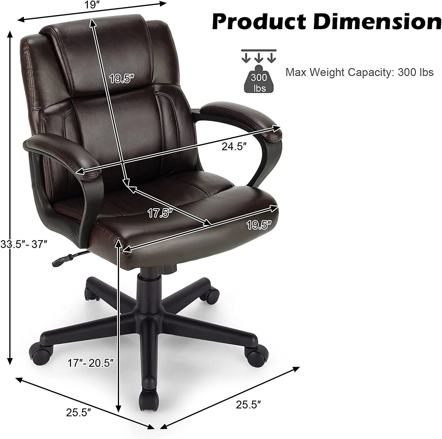 HJZBNONE Office Chair  Leather Modern Executive Chair  Ergonomic Mid Back Computer Desk Chair w/Padded Armrests  Height Adjustable Swivel Task Chair