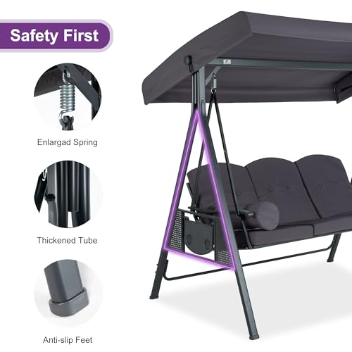 PURPLE LEAF Outdoor Patio Porch Swing with Adjustable PVC Canopy, 3-seat Swing Chair Bench with Side Cup Holder for Backyard Front Porch Lawn