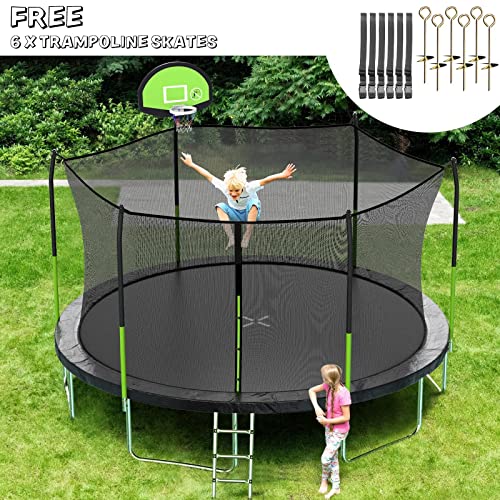 AOTOB 8FT 10FT 12FT 14 FT 15FT Trampoline with Safety Enclosure Net，Outdoor Trampoline with Basketball Hoop