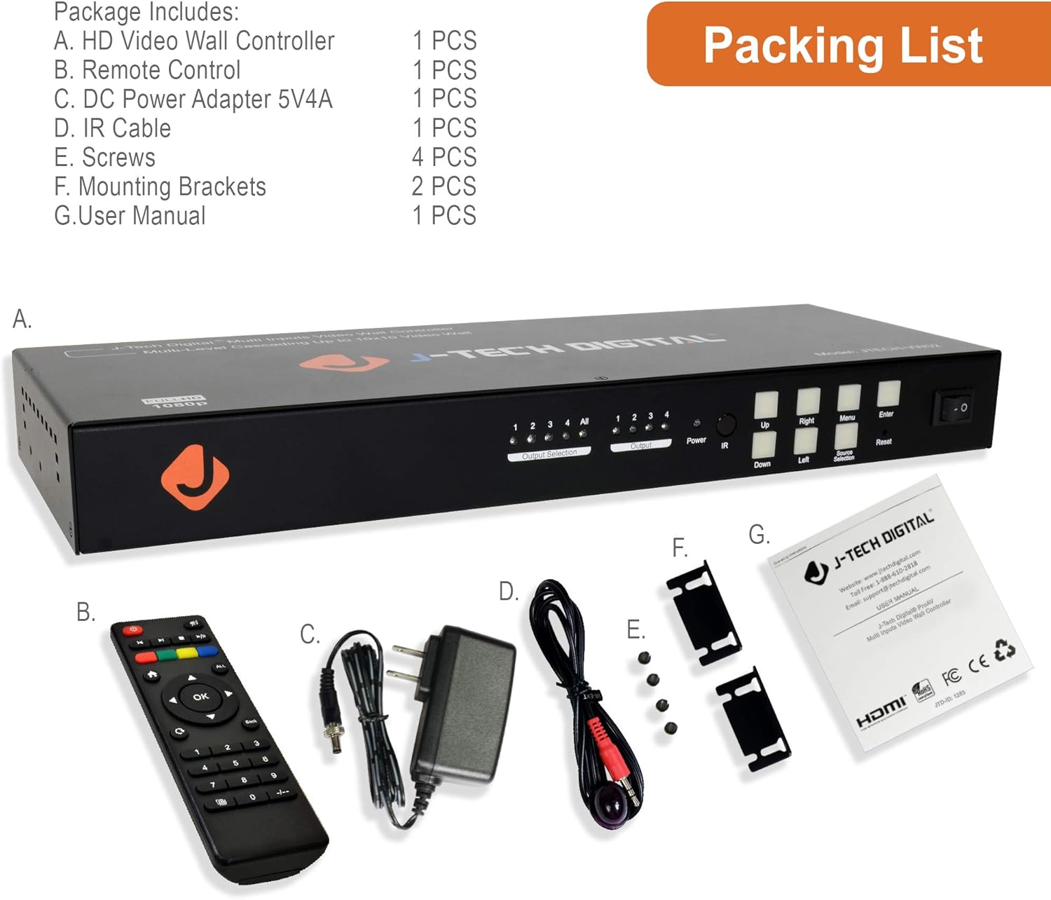 J-Tech Digital Video Wall Controller 3X3 2X2 1X4 3X1 Multi-Channel inputs HDMI VGA AV USB for LCD LED Video Wall Display with Cascading Function