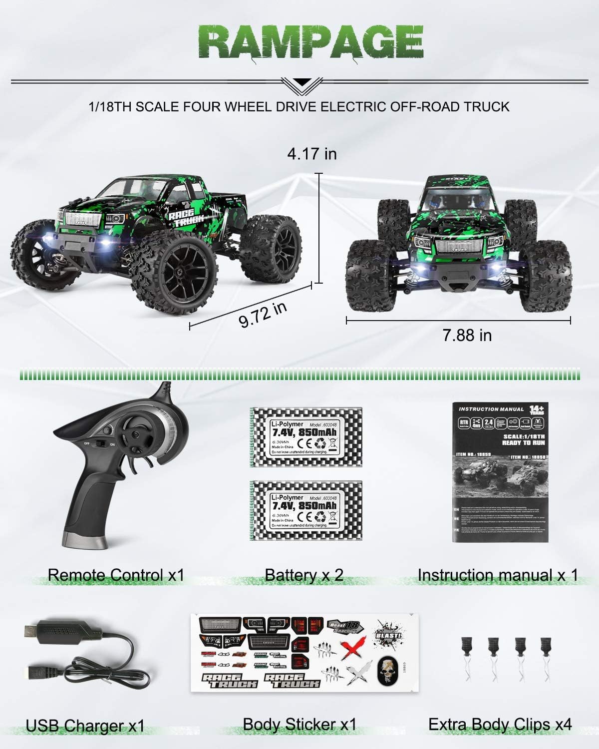 HAIBOXING 1:18 Scale All Terrain RC Car 18859E, 36 KPH High Speed 4WD Electric Vehicle with 2.4 GHz Remote Control