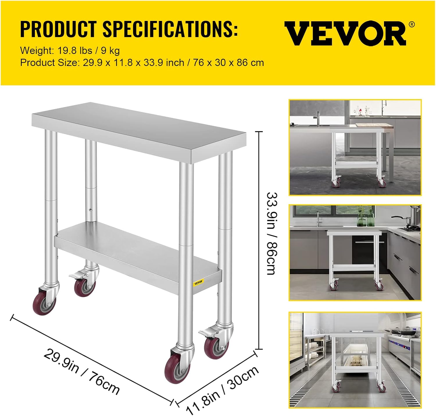 Mophorn Stainless Steel Work Table with Wheels 24 x 30 Prep Table with casters Heavy Duty Work Table for Commercial Kitchen Restaurant Business (24 x
