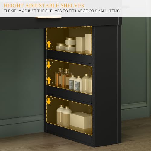 DWVO Vanity Desk with Mirror, Large Makeup Table with Power Outlets, 11 LED Bulbs, 3 Adjustable Light Modes, 4 Drawers and Built-in Shelves