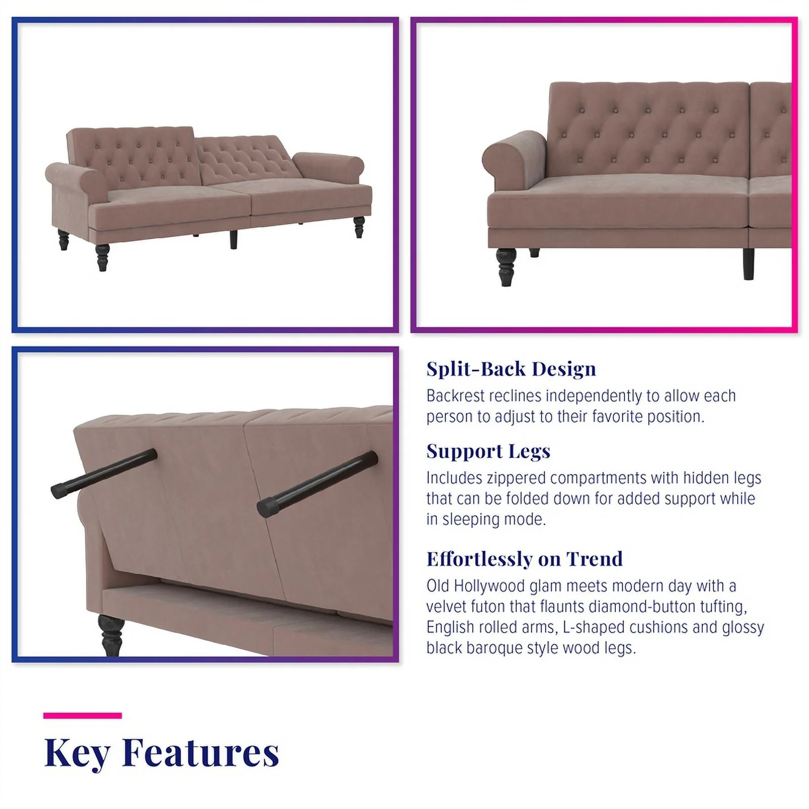 Pemberly Row Modern / Contemporary Upholstered Futon in Blush Velvet