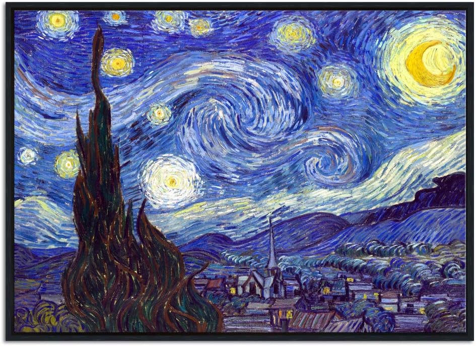 Wieco Art Framed Art Canvas Prints of Starry Night by Vincent Van Gogh Paintings Reproduction Post-Impressionism Artwork Framed Wall Art for Living