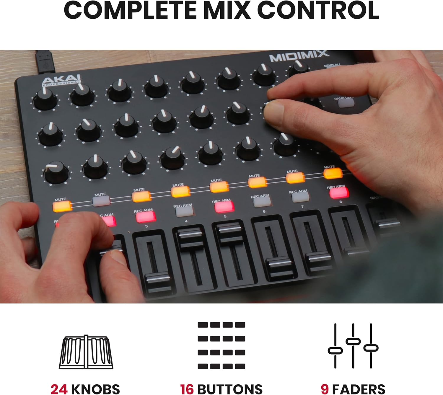 AKAI Professional MIDImix - USB MIDI Controller Mixer with Assignable Faders & Master Fader, 24 Knobs and 16 Buttons, 1 to 1 Mapping With Ableton Live