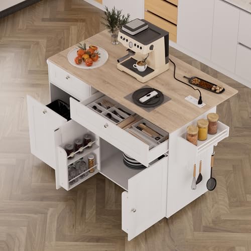 Kitchen Island on Wheels with Storage and Power Outlet, Kitchen Island with Trash Can Storage Cabinet and Drop Leaf, with Spice Rack & Towel Rack