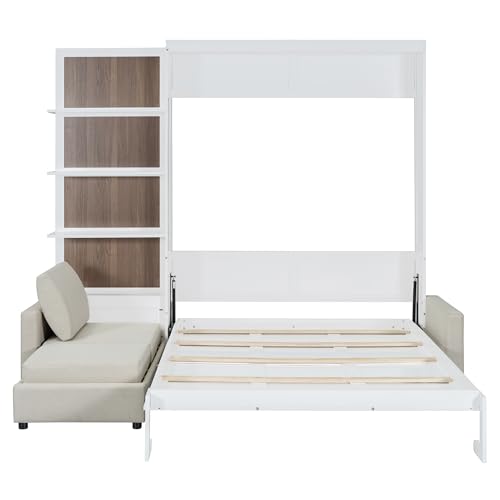 Harper & Bright Designs Queen Size Murphy Bed, Wood Queen Wall Bed with Sofa and Shelves, White