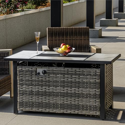 30" Propane Fire Pit with Real Ceramic Tabletop, 50000 BTU Gas Firepit Table with Lid & Glass Rock, Outdoor Fire Pit for Dining or Party