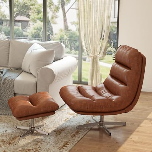 Modern Swivel Accent Chair with Ottoman Set, PU Leather Oversized Armless Reading Chair with Footrest