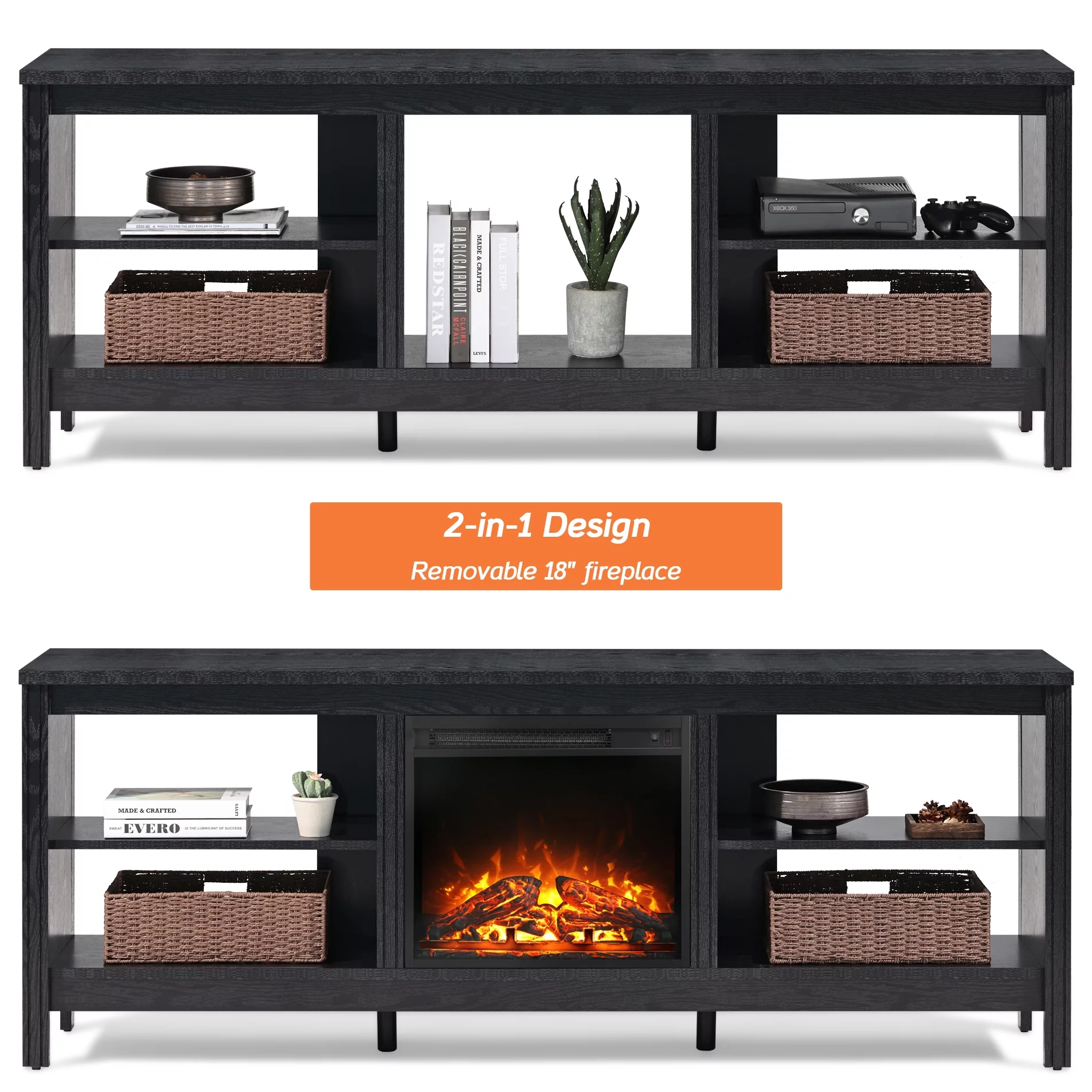 Fireplace TV Stand for 75 inch TV , Wood Entertainment Center with Electric Fireplace for Living Room Bedroom, 70 inch, Black