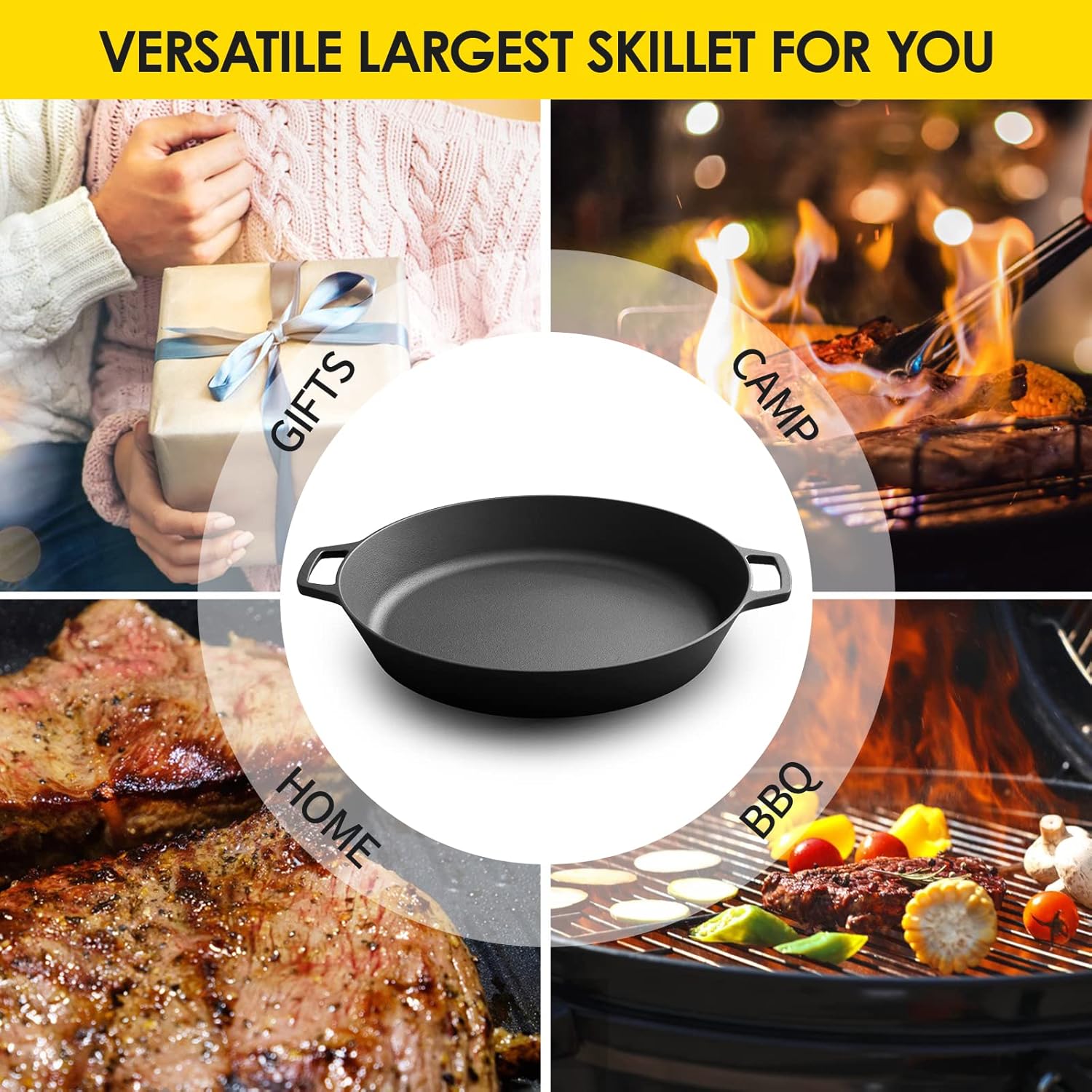 Pre-Seasoned Cast Iron Skillet ,Seasoned Large 15 Dual Handle Frying Pan, Cast Iron Pan for Bread, Baking,Pizza, Indoor / Outdoor Cooking, Camping