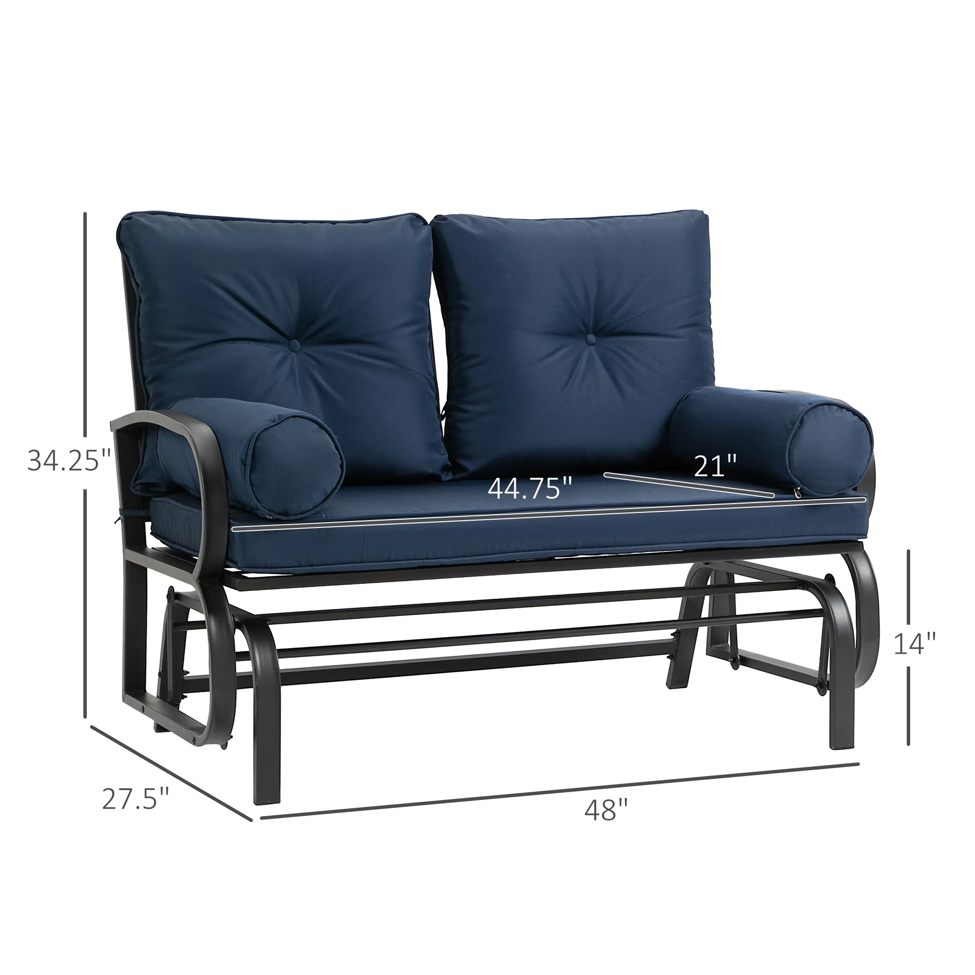 Outsunny Swing Glider Rocking Chair, Double Patio Bench, 2 Person Loveseat with Steel Frame, Cushions, Pillow Armrests, Blue