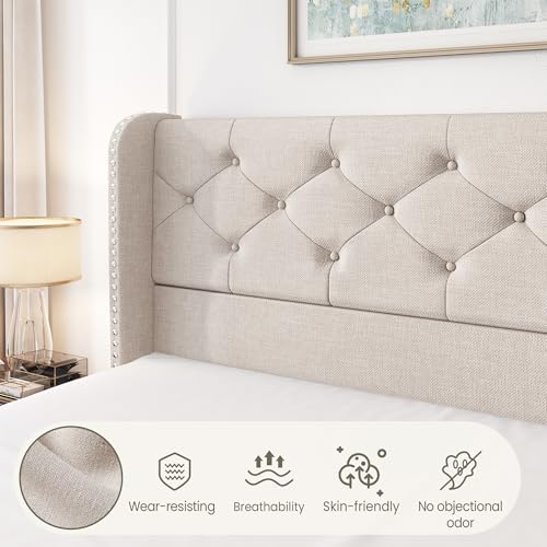 King Size Bed Frame with 4 Storage Drawers and Tufted Headboard Linen Upholstered Platform Bed Frame Wingback Beds with Wooden Slats Support