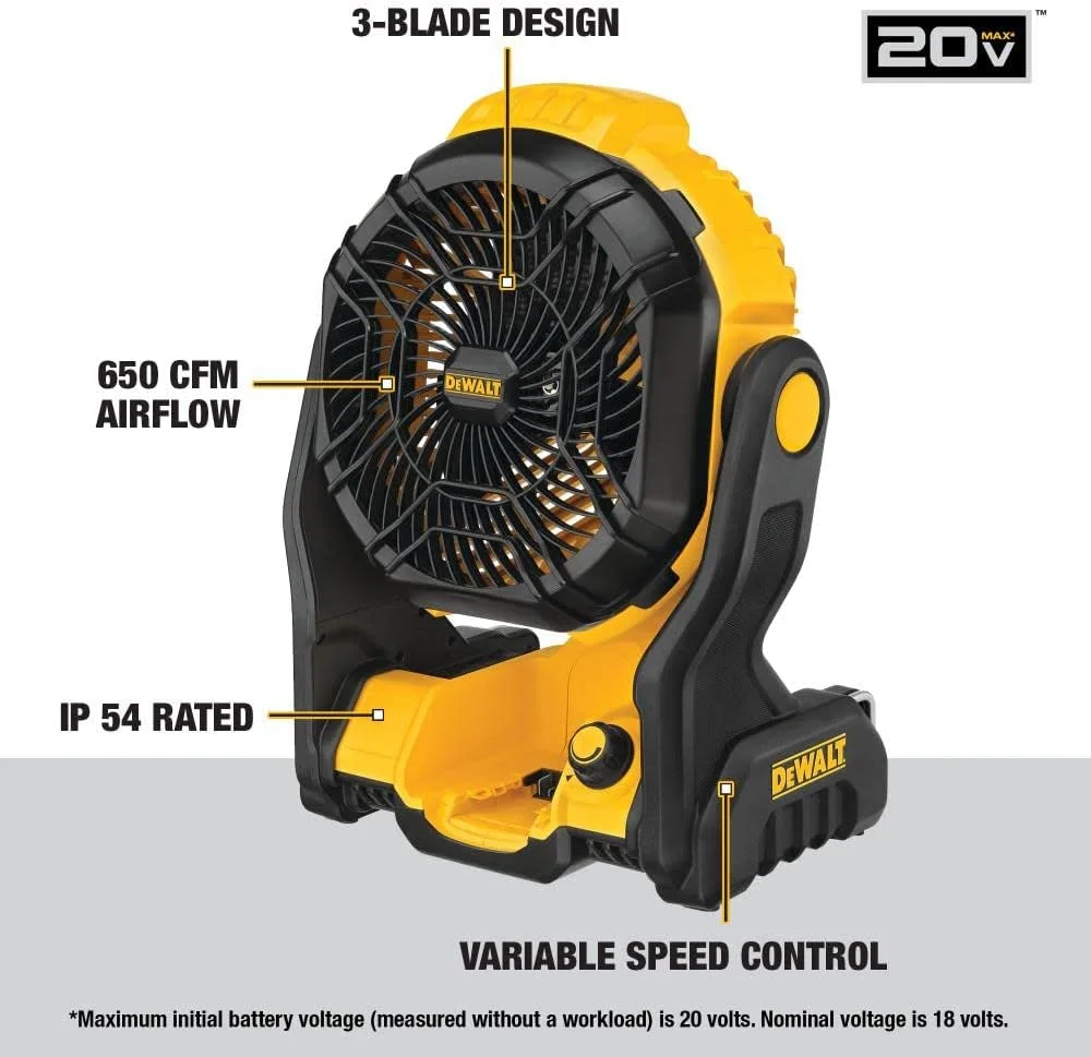 DEWALT 20V MAX Jobsite Fan, Cordless, Portable, Bare Tool Only (DCE512B), 12x8x14 inches, Yellow/Black - Radiant Selections