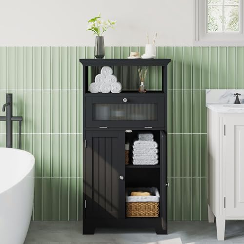 ChooChoo Bathroom Floor Storage Cabinet with Flip Glass Drawer, Freestanding with 2 Doors, Adjustable Shelf & 1 Open Storage for Living Room, Hallway