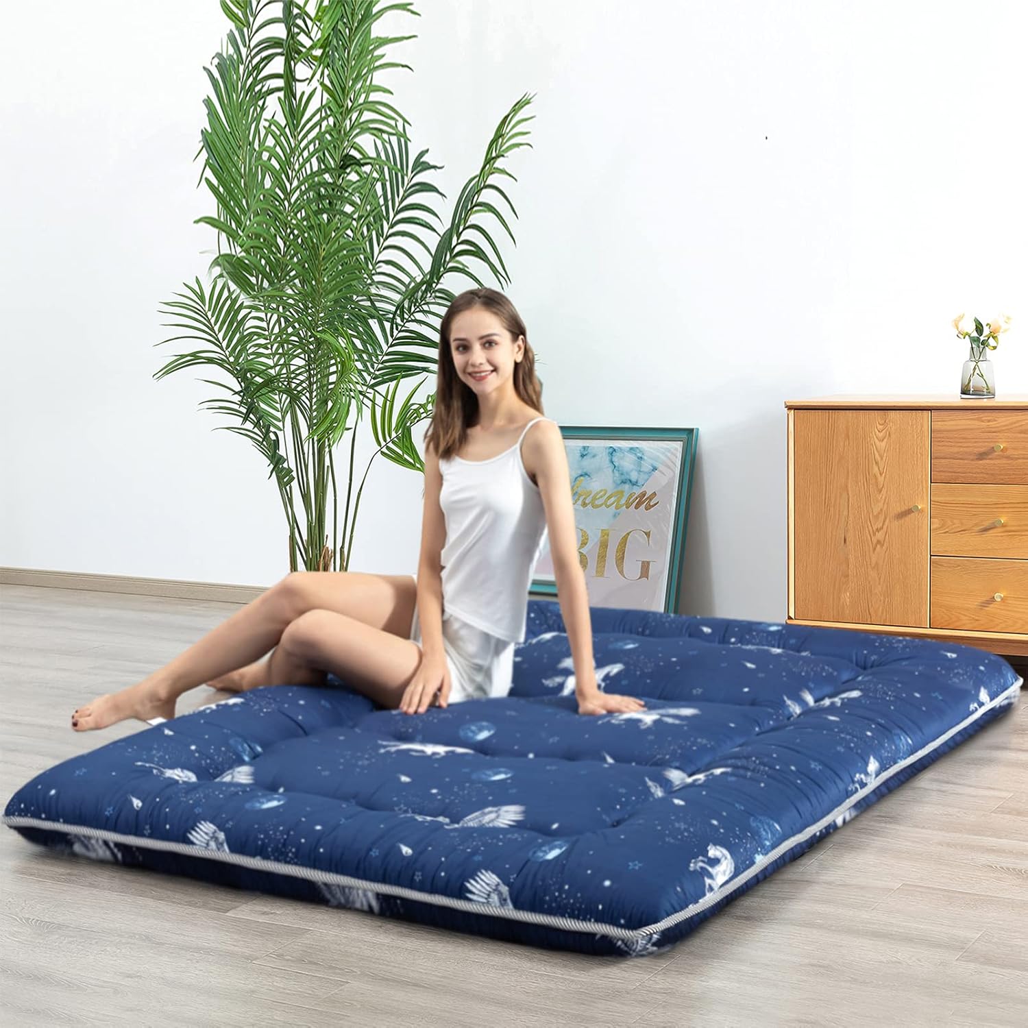 HIGOGOGO Black Futon Mattress for Floor, Thick Geometric Pattern Japanese Floor Mattress Sleeping Tatami Mat Roll Up Camping Mattress