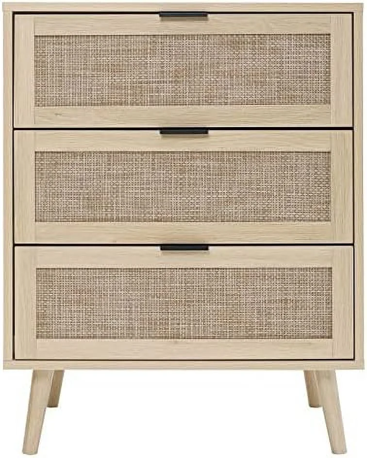 TJUNBOLIFE 3 Drawer Dresser Chests for Bedroom  3 Drawer Nightstand   Rattan Small Dresser Cabinet of 3 Drawers with Solid Wood Legs &amp