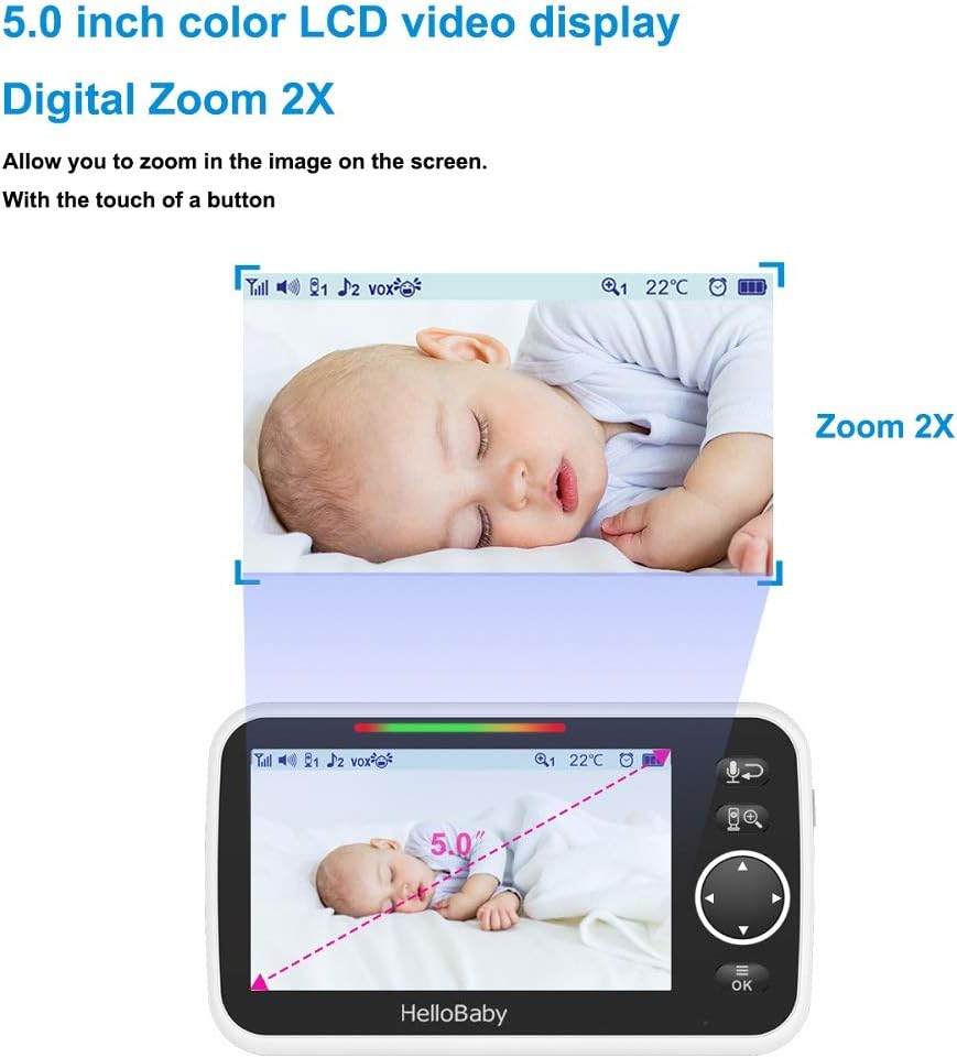 Video Baby Monitor with Camera and Audio, 5 Color LCD Screen, HelloBaby Monitor Camera, Infrared Night Vision, Temperature Display, Lullaby