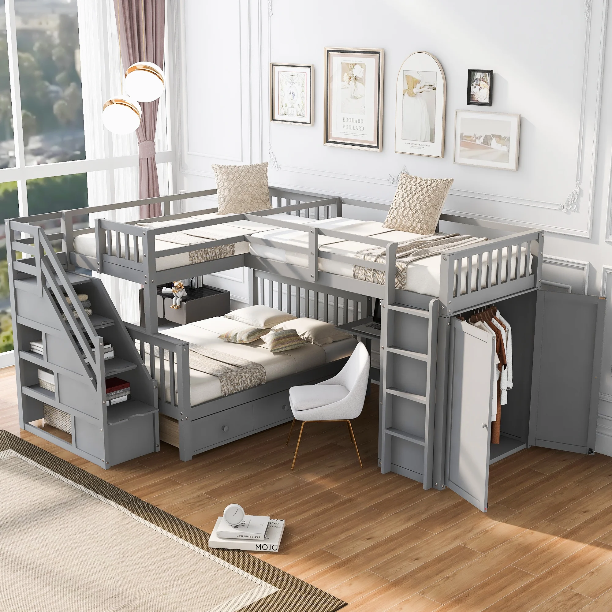 Churanty Twin-Twin Over Full L-Shaped Bunk Bed with Wardrobe Space,Solid Wood Staircase Bunk Bed with Portable Desk,Gray
