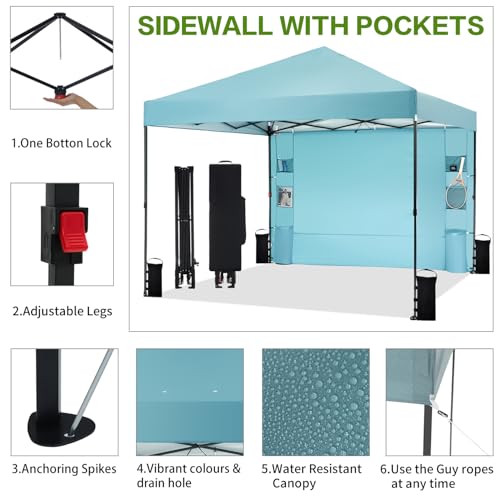 10'x10' Pop Up Canopy Tent with 1 Sidewall and 6 Pockets, One Push Setup, Instant Shade Tent with Vented Roof for Beach Patio Outdoor, Case, 8 Stakes