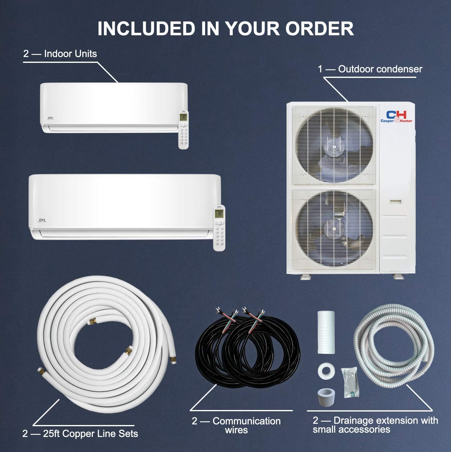 Cooper & Hunter Dual 2 Zone 24,000 BTU + 30,000 BTU Ductless Mini Split AC/Heating System, Pre-Charged, Heat Pump, 21.5 SEER