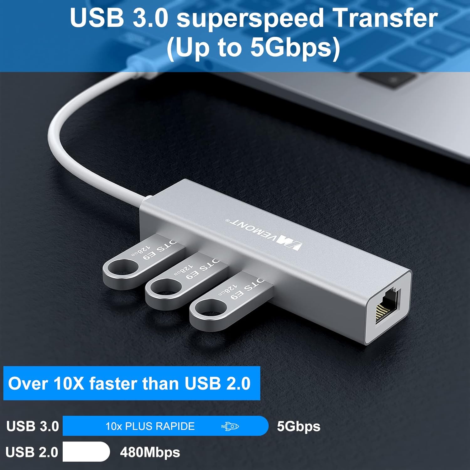 USB Hub 3.0 with Gigabit Ethernet Adapter,VEMONT Aluminum USB 3.0 to 1000M LAN Port & 3 USB 3.0 Ports
