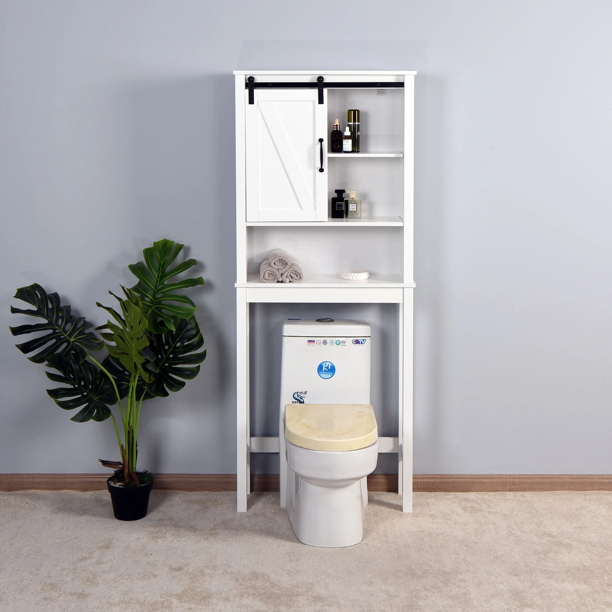 SUXXAN Over-the-Toilet Storage Cabinet, Space-Saving Bathroom Cabinet, with Adjustable Shelves and A Barn Door 27.16 x 9.06 x 67 inch