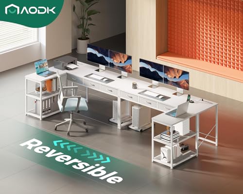 AODK 53 Inch L Shaped Computer Desk with Drawers, Corner Desk with Power Outlets & Reversible Storage Shelves