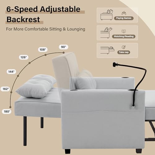 Convertible Loveseat Sleeper Bed, 3-in-1 Chaise Lounge Chair with Pillow and USB Charging, Reading Chair for Adults with Cup Holder, Side Pocket