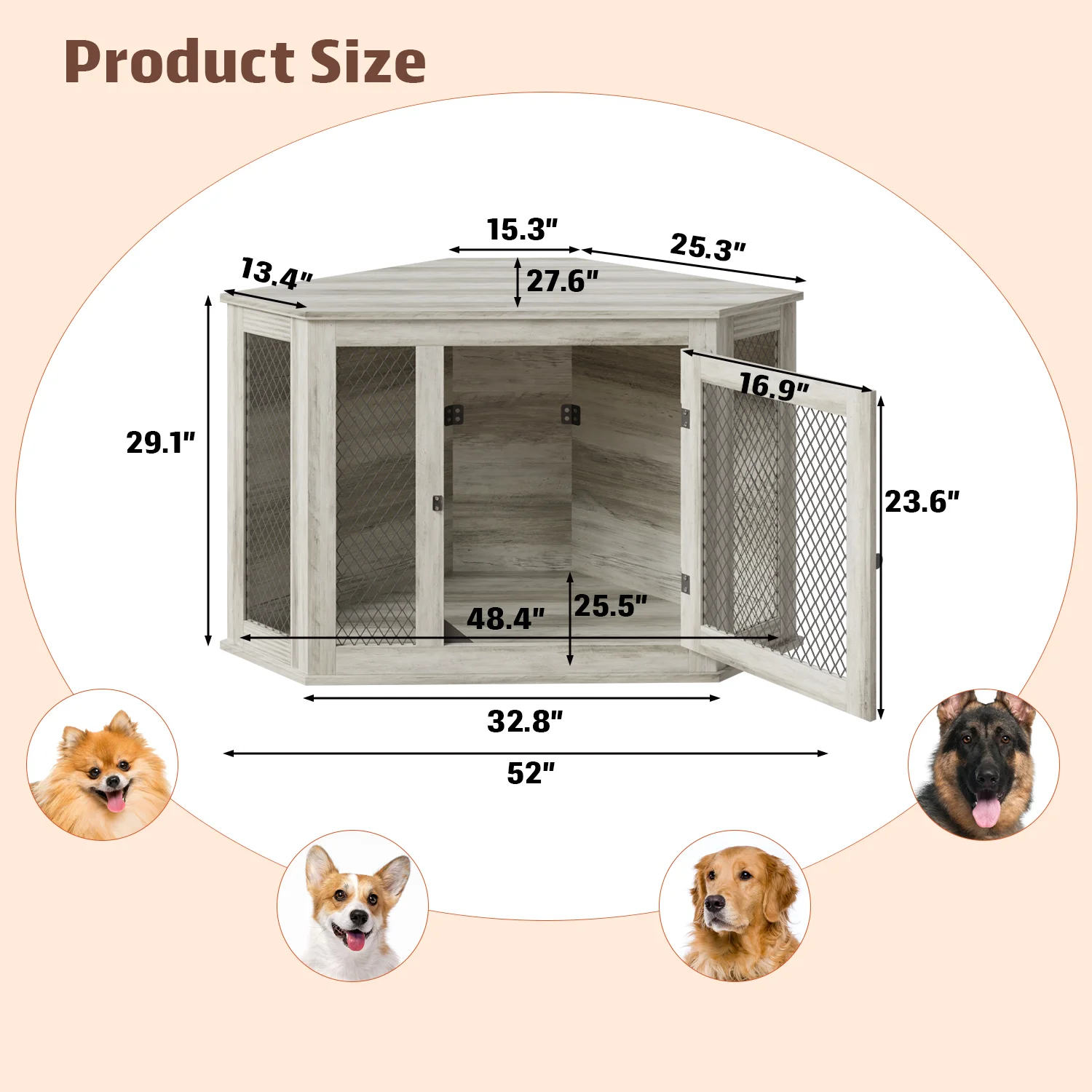 Bossin 44"Corner Dog Crate Furniture，Wooden Dog Kennel Indoor Furniture，Decorative Dog Crate