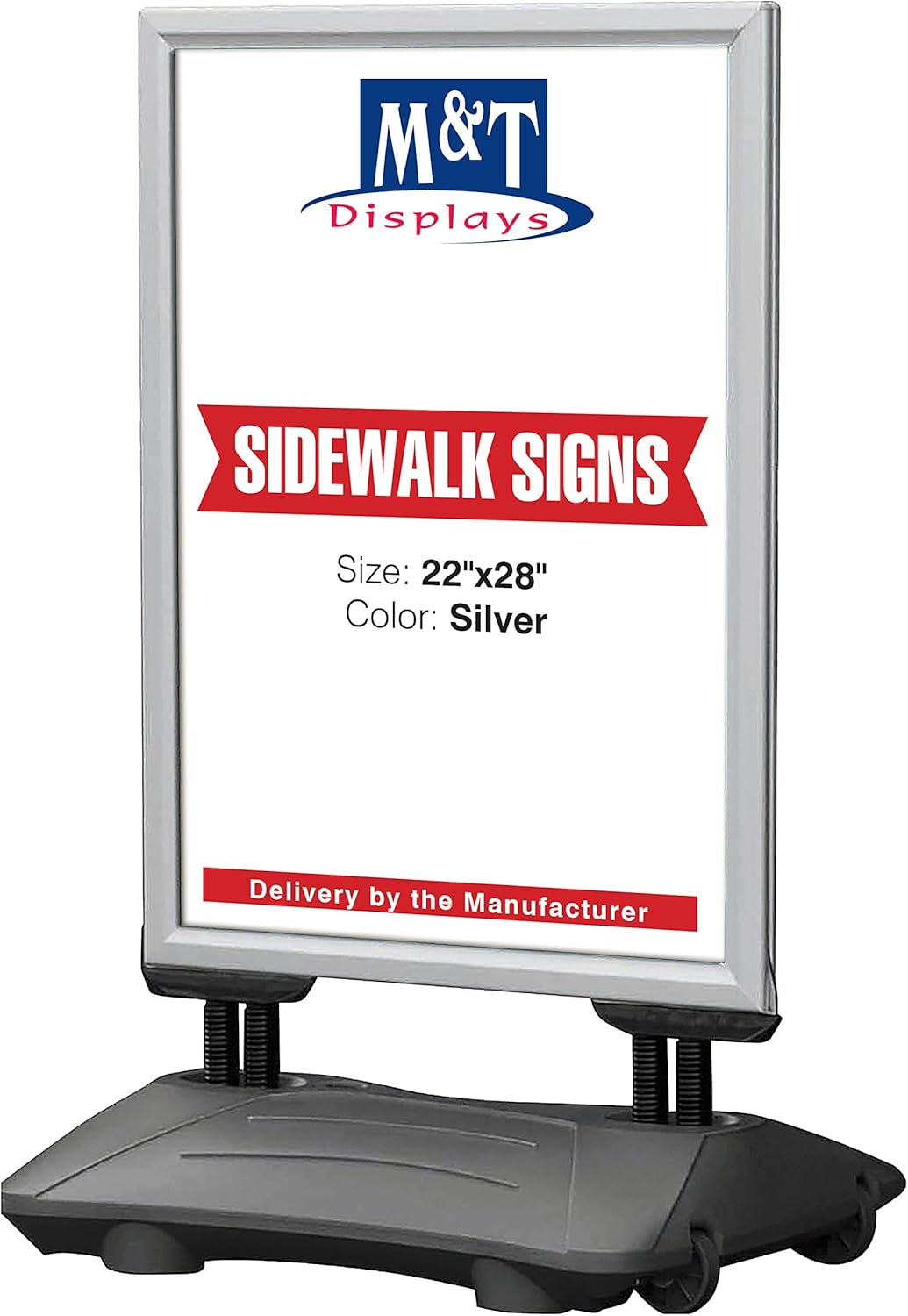 Wind Pro Outdoor Display, Advertising Sign Sidewalk Weatherproof Display, 22x28 Poster Size, Silver Frame, Grey Water Base, Spring Base