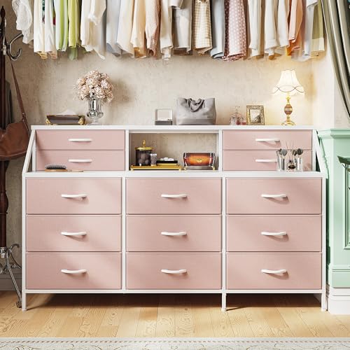 55" W Dresser for Bedroom, Dressers & Chests of Drawers with 13 Fabric Drawers and 2 Open Shelves, Long Vanity Dressers for Bedroom & Closet