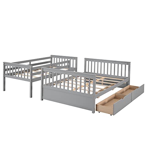 Ball & Cast Full Over Full Bunk Bed with Twin Size Trundle and Built in 4 Drawer,Wood Bunkbed w/Storage Ladder & Slat Support