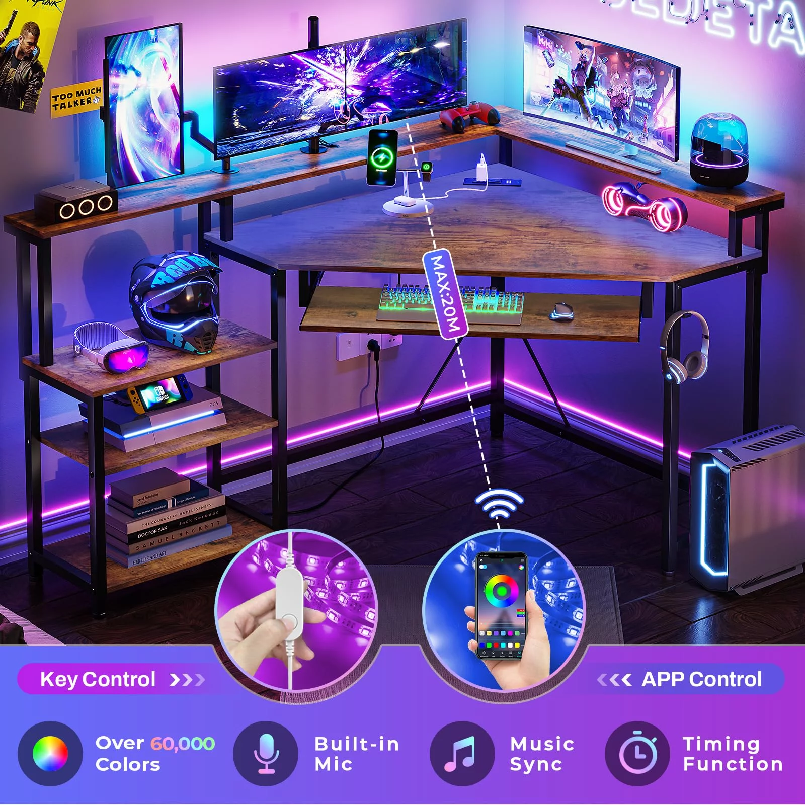 Computer Desk with USB Charging Ports,Corner Desk Gaming Desk with LED Lights, Home Office Desk with Storage for Small Space, Rustic Brown