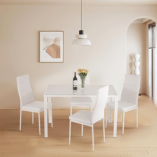 FDW | 5-Piece Dining Table Set | Glass Kitchen Table with 4 Upholstered Chairs | Space-Saving Design | Faux Leather Cushions | Modern Rectangular