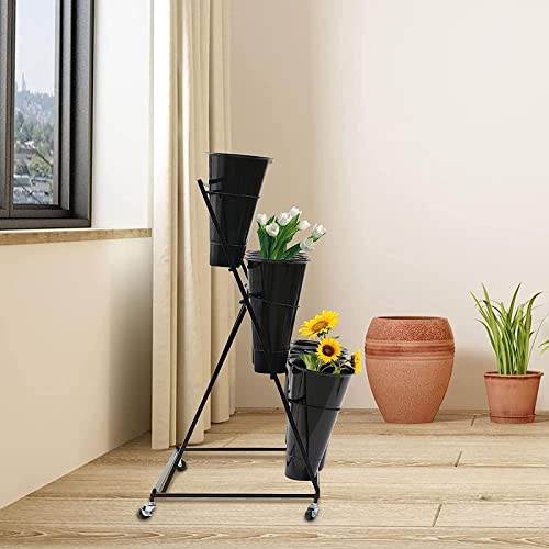 Flower Display Stand With 12PCS Buckets, 3 Layers Metal Plant Stand With Wheels, Heavy Duty Moving Plant Shelf, For Indoor, Outdoor Patio Garden