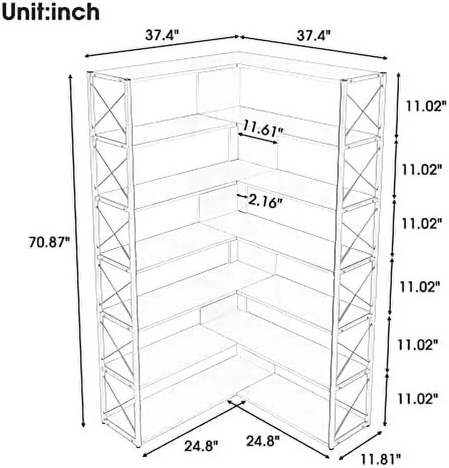 Bookcase 7- Tall Corner Bookshelf  Floor Standing L-Shaped Organizer Book  with Open   Metal Frame for Home Office